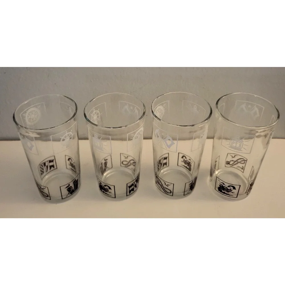 Set of 5 VTG HAZEL ATLAS MCM NAUTICAL THEME GLASSES & DECANTER BLACK WHITE GOLD